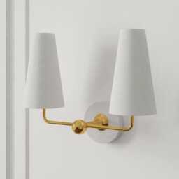 Brass Double Arm Wall Sconce Mid-Century Modern Fabric Shade Light - thumbnail 2