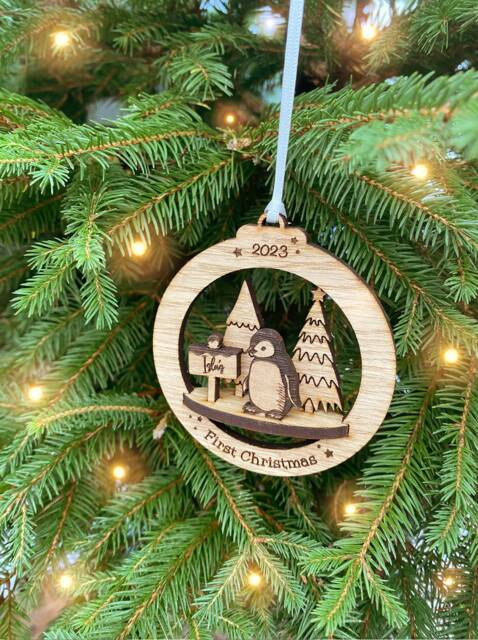 Personalized Baby's First Christmas Ornament 3D Oak Bauble - image 1