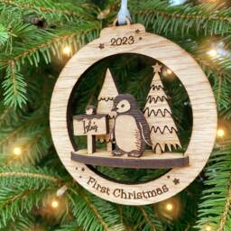 Personalized Baby's First Christmas Ornament 3D Oak Bauble - thumbnail 2