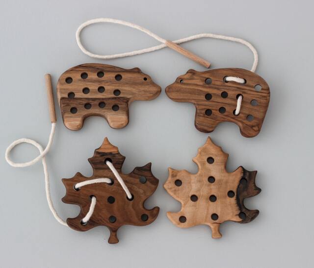 Wooden Lacing Toy Bear Leaf For 1st Birthday Gift, Montessori Educational Learning Toddler Toys, Baby Boy Girl Waldorf Kids - image 1