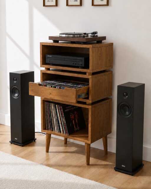 Retro Solid Wood Record Player Stand With Vinyl Storage, Cd Drawer & Hifi Rack - image 1