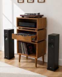 Retro Solid Wood Record Player Stand With Vinyl Storage, Cd Drawer & Hifi Rack