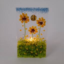 Handmade Fused Glass Tea Light Holder Sunflower & Bee Decor - thumbnail 2