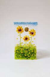 Handmade Fused Glass Tea Light Holder Sunflower & Bee Decor