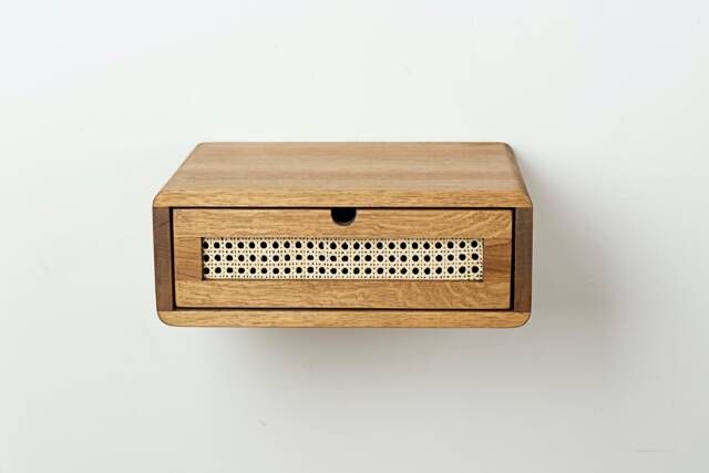 Floating Nightstand With Rattan Drawer in Solid Oak - Light Modern Wall Hung - image 1