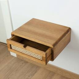 Floating Nightstand With Rattan Drawer in Solid Oak - Light Modern Wall Hung - thumbnail 4