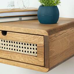 Floating Nightstand With Rattan Drawer in Solid Oak - Light Modern Wall Hung - thumbnail 2