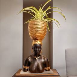Handmade Harvest Goddess Planter - Black Woman Bust Statue, Gold Accents - thumbnail 1