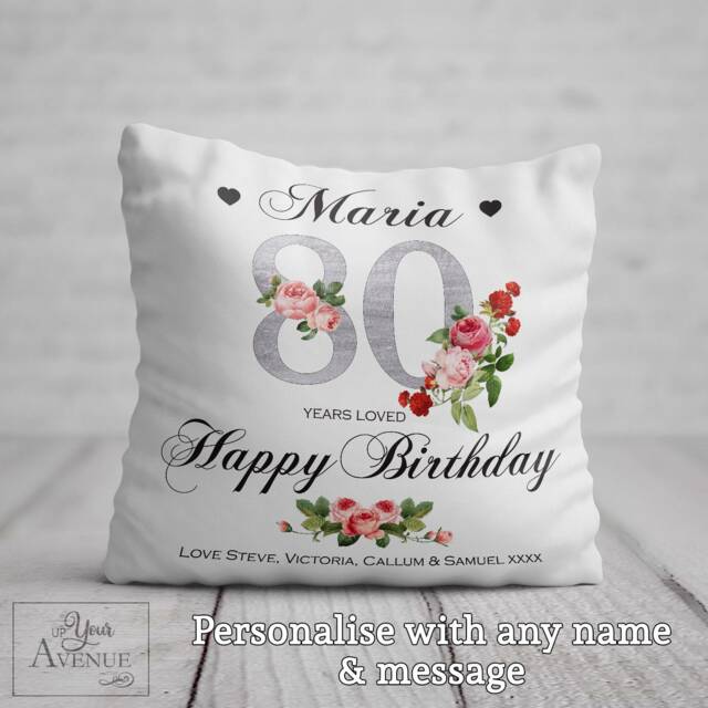 80Th Birthday Cushion Her Birthday Gift Women Personalised 80 Years Loved Floral Pillow Mum Nan Nana Nanny Aunt Auntie Grandma Gran - image 1