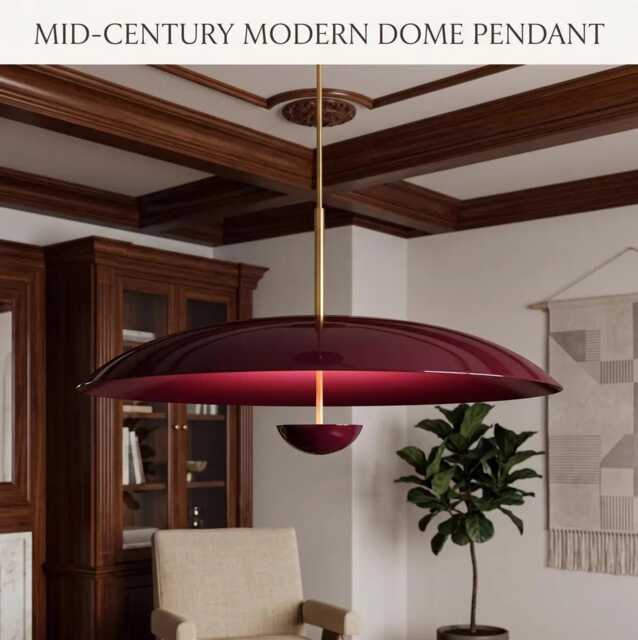 Mid Century Modern Dome Pendant Light - Large Burgundy Enamel Hanging Lamp Mcm Chandelier For Dining Room, Kitchen Island, Living Rooms - image 1