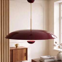 Mid Century Modern Dome Pendant Light - Large Burgundy Enamel Hanging Lamp Mcm Chandelier For Dining Room, Kitchen Island, Living Rooms - thumbnail 3