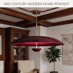 Mid Century Modern Dome Pendant Light - Large Burgundy Enamel Hanging Lamp Mcm Chandelier For Dining Room, Kitchen Island, Living Rooms - thumbnail 1