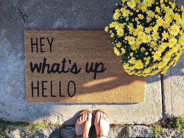 Hey What's Up Hello Doormat, Hand-Painted Trendy Welcome Mat, Summer Doormat, Spring Housewarming Gift - image 1