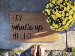 Hey What's Up Hello Doormat, Hand-Painted Trendy Welcome Mat, Summer Doormat, Spring Housewarming Gift - thumbnail 1