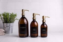 Amber Glass Soap Dispenser Refillable Bottle With Brass Pump - thumbnail 1