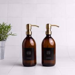 Amber Glass Soap Dispenser Refillable Bottle With Brass Pump - thumbnail 2