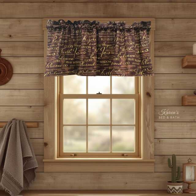 Christian Valance - Brown Kitchen Curtain Farmhouse Faith Inspirational Gift Window Topper 3Pc Swags - image 1