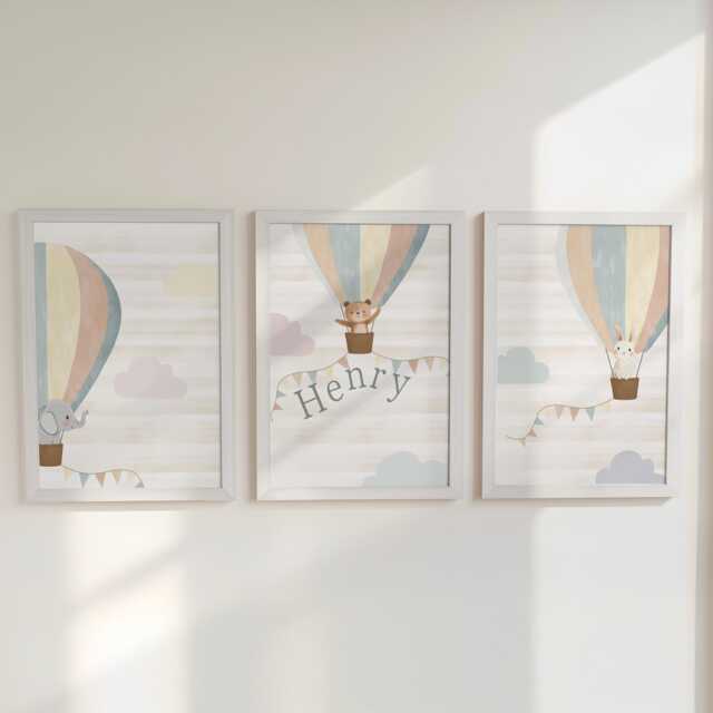 Personalised Nursery Wall Prints, Set Of 3, Neutral Boho Hot Air Balloon Animals, Framed Bedroom Decor, Gift For Kids Room, Playroom Posters - image 1