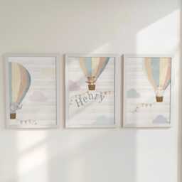 Personalised Nursery Wall Prints, Set Of 3, Neutral Boho Hot Air Balloon Animals, Framed Bedroom Decor, Gift For Kids Room, Playroom Posters - thumbnail 1