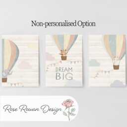 Personalised Nursery Wall Prints, Set Of 3, Neutral Boho Hot Air Balloon Animals, Framed Bedroom Decor, Gift For Kids Room, Playroom Posters - thumbnail 3