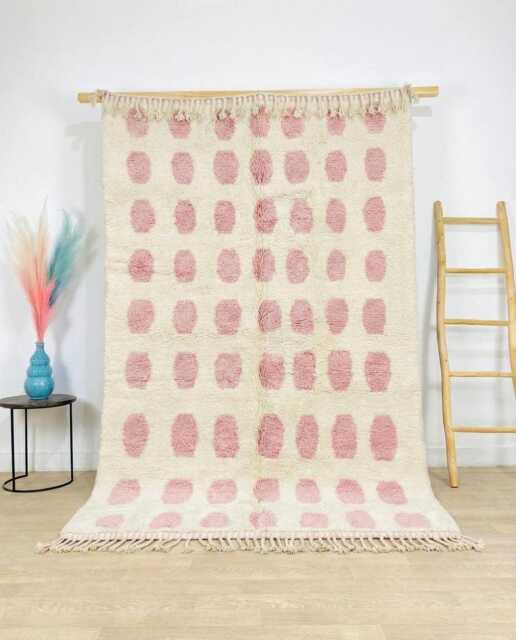 Moroccan White & Pink Berber Rug, Handwoven Wool Shag Rug With Polka Dot Pattern, Authentic Beni Ourain Style Carpet, Large 9x12 Area - image 1
