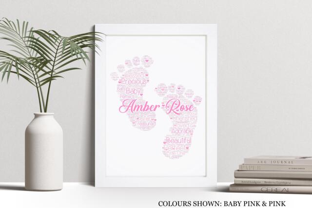 Personalised Baby Footprints Word Art Nursery Print, Newborn, New Arrival Birth Gift, Custom Wall Framed Picture, For Girl, Boy Nl - image 1