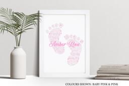 Personalised Baby Footprints Word Art Nursery Print, Newborn, New Arrival Birth Gift, Custom Wall Framed Picture, For Girl, Boy Nl - thumbnail 1