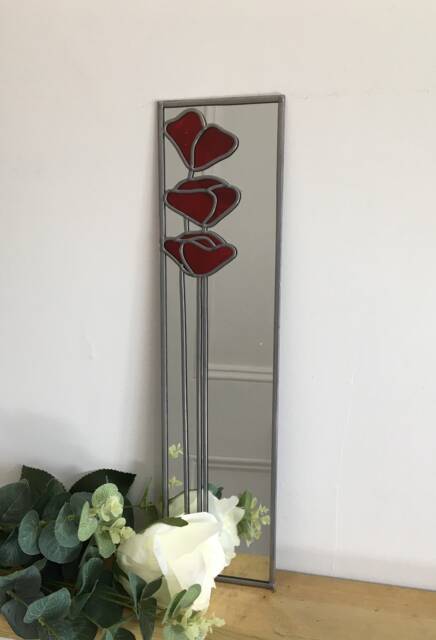 Poppies Mackintosh Style Stained Glass Effect Mirror Handmade Gift Catfish Glass Art Nouveau 10x40cm - image 1