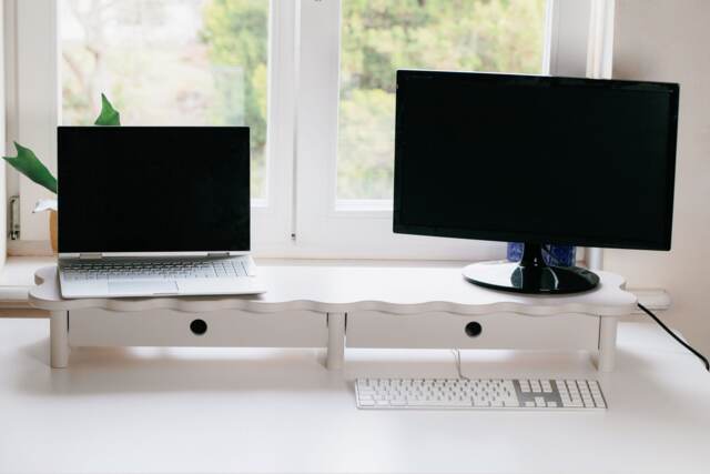 Wide Monitor Stand With 2 Drawers Flower 109cm For Two Monitors Funky Style - image 1