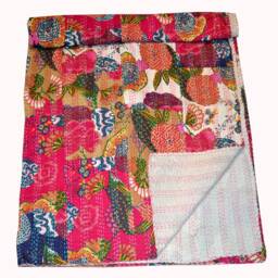Hand Stitched Kantha Quilt Indian Bedspread Bed Cover Coverlet Vintage Floral Fruit Print Running Gifted Items - thumbnail 3