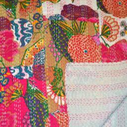 Hand Stitched Kantha Quilt Indian Bedspread Bed Cover Coverlet Vintage Floral Fruit Print Running Gifted Items - thumbnail 2