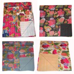 Hand Stitched Kantha Quilt Indian Bedspread Bed Cover Coverlet Vintage Floral Fruit Print Running Gifted Items