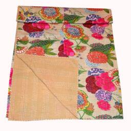 Hand Stitched Kantha Quilt Indian Bedspread Bed Cover Coverlet Vintage Floral Fruit Print Running Gifted Items - thumbnail 4