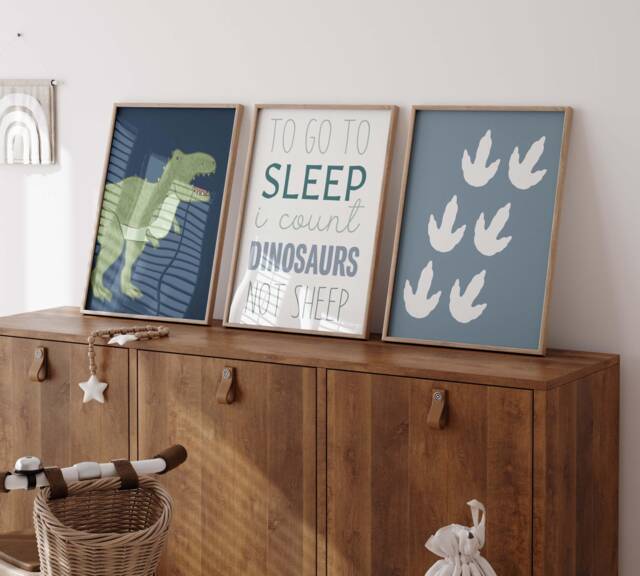 Dinosaur Nursery Prints T-Rex, Footprints, Quote, Set Of 3 - image 1