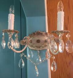 Shabby Chic 2 Light Wall Sconce W/Rose Appliques in A Cream, Pink & Gold Finish, Crystal Almond Teardrops, Beaded Chain
