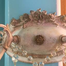 Shabby Chic 2 Light Wall Sconce W/Rose Appliques in A Cream, Pink & Gold Finish, Crystal Almond Teardrops, Beaded Chain - thumbnail 2