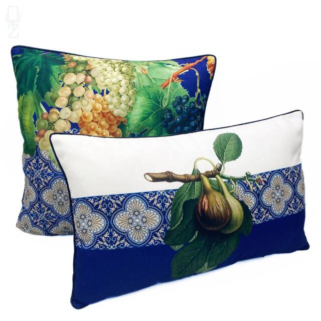 Fig Leaves & Grapes Chenille Cushion Covers, Italian Tile Mosaic, Set Of 2 - image 1