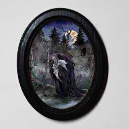 Halloween Black Oval Wooden Framed Picture, Gothic Print, Witchy Wall Hanging, Old Witch With Baby - thumbnail 1