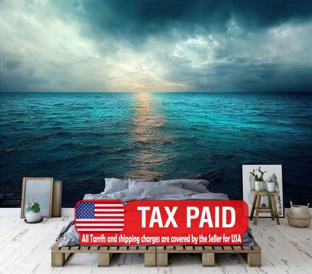 Ocean View Wall Mural, Calm Cloudy Seascape, Peel & Stick Wallpaper - image 1