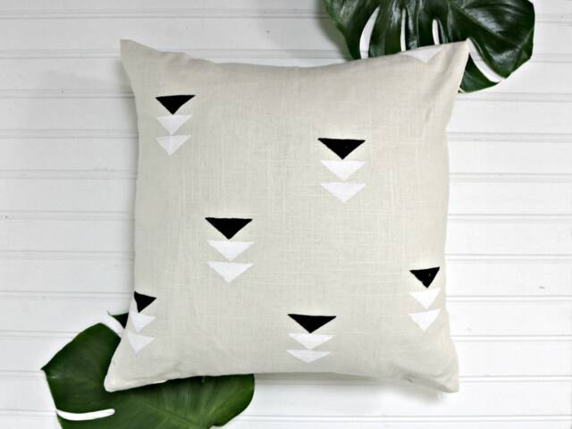 Cream Linen Pillow Cover With Block Printed Triangles // Black & White Minimalist Design Cushion Bedding Accent Neutral Euro Lumbar - image 1