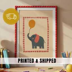 Elephant With Balloon Nursery Print Cute Animal Wall Art For Kids Room Playroom Or Toddler Bedroom Whimsical Illustration Decor - 25 - thumbnail 1