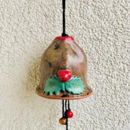 Handmade Terracotta Christmas Bell Holly Berry Glitter Wall Hanging - thumbnail 2