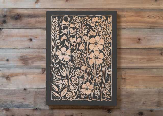 Cosmos Floral Engraved Birch Wood Panel - Block Print Inspired Wildflower Wall Art, Rustic Illustration Print, Farmhouse Home Decor Gift - image 1
