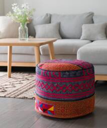 Tribal Hemp Indigo Fabric Large Ottoman Pouf Hmong Cushion, Red Blue Ethnic Round Pillow