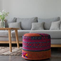 Tribal Hemp Indigo Fabric Large Ottoman Pouf Hmong Cushion, Red Blue Ethnic Round Pillow - thumbnail 3