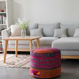 Tribal Hemp Indigo Fabric Large Ottoman Pouf Hmong Cushion, Red Blue Ethnic Round Pillow - thumbnail 2