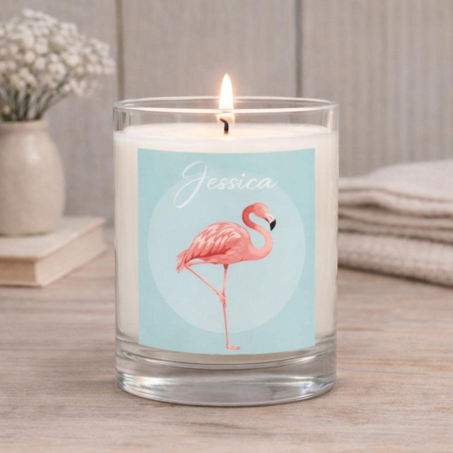 Personalized Flamingo Candle, Linen Scent, Animal Gift - image 1