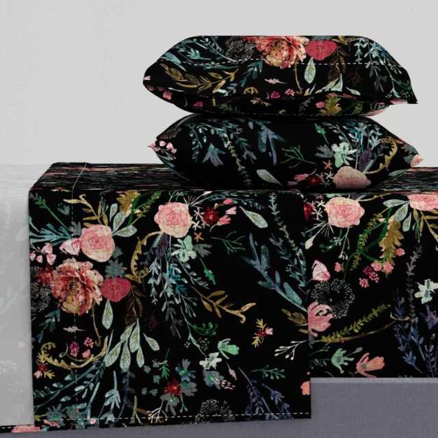 Botanical Sheets - Fable Floral By Nouveau_Bohemian Distressed Boho Black & Pink Cotton Sateen Sheet Set Bedding Spoonflower - image 1