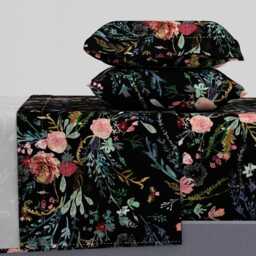 Botanical Sheets - Fable Floral By Nouveau_Bohemian Distressed Boho Black & Pink Cotton Sateen Sheet Set Bedding Spoonflower
