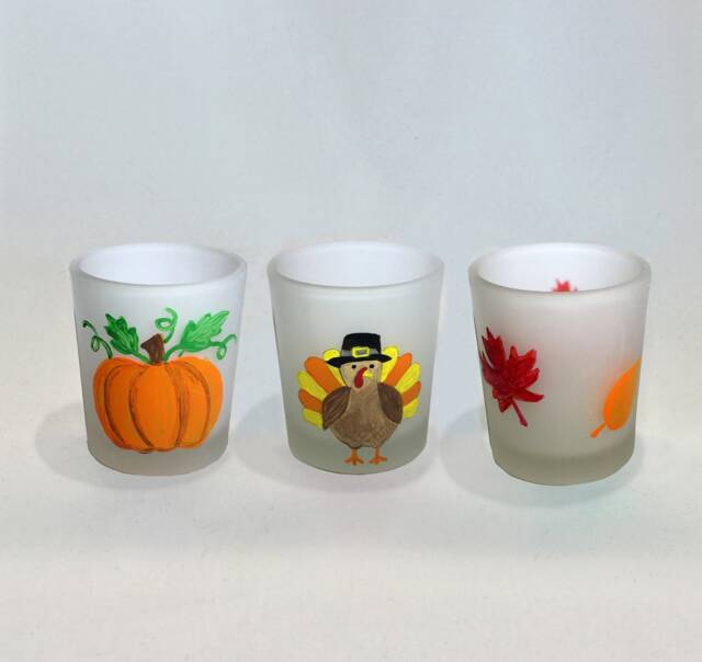 Hand Painted Thanksgiving Votive Candle Holders - Frosted Glass, Set Of 3 - image 1